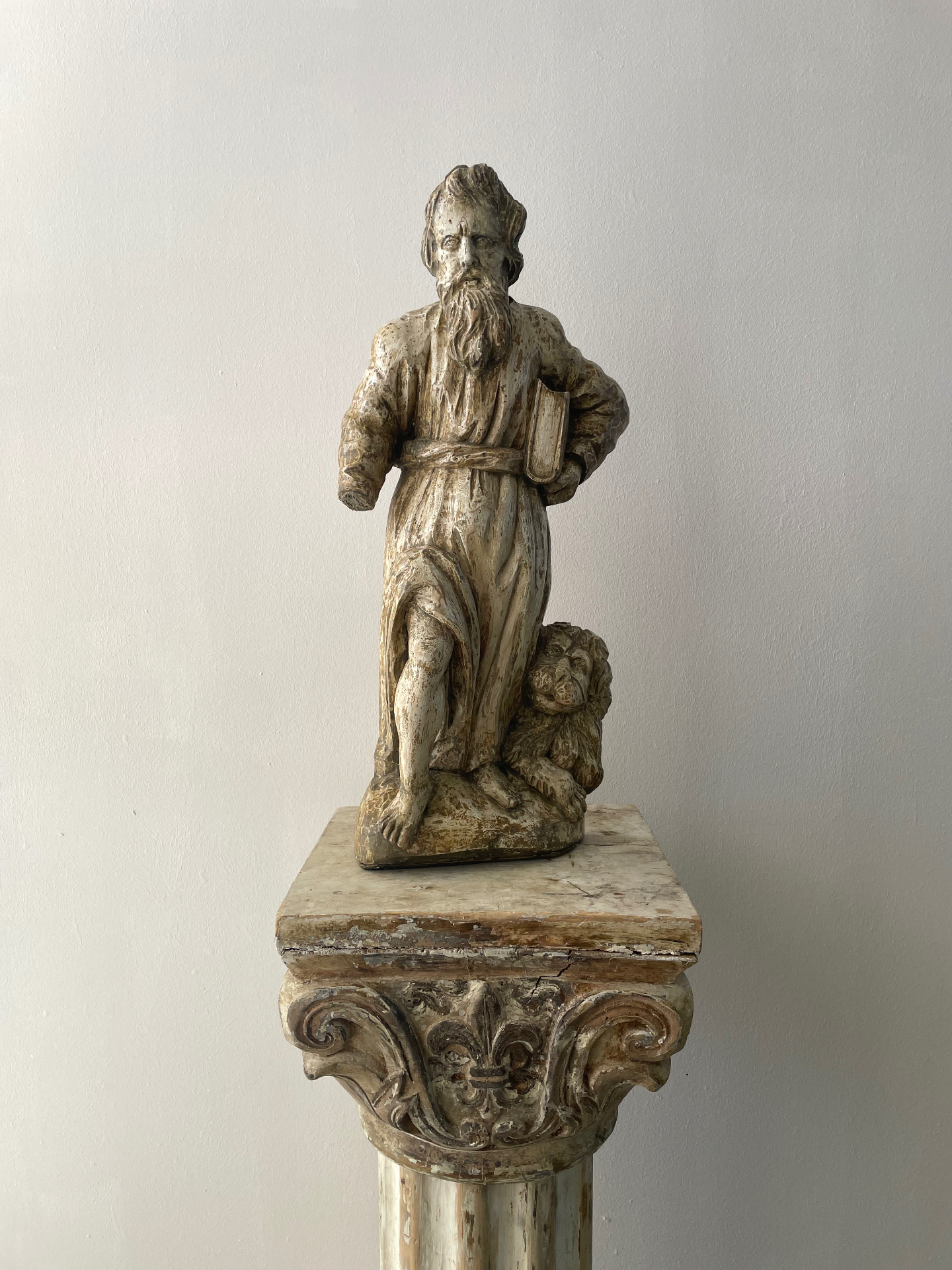 Carved limewood sculpture of Saint Mark the Evangelist with lion, ca. 1600
