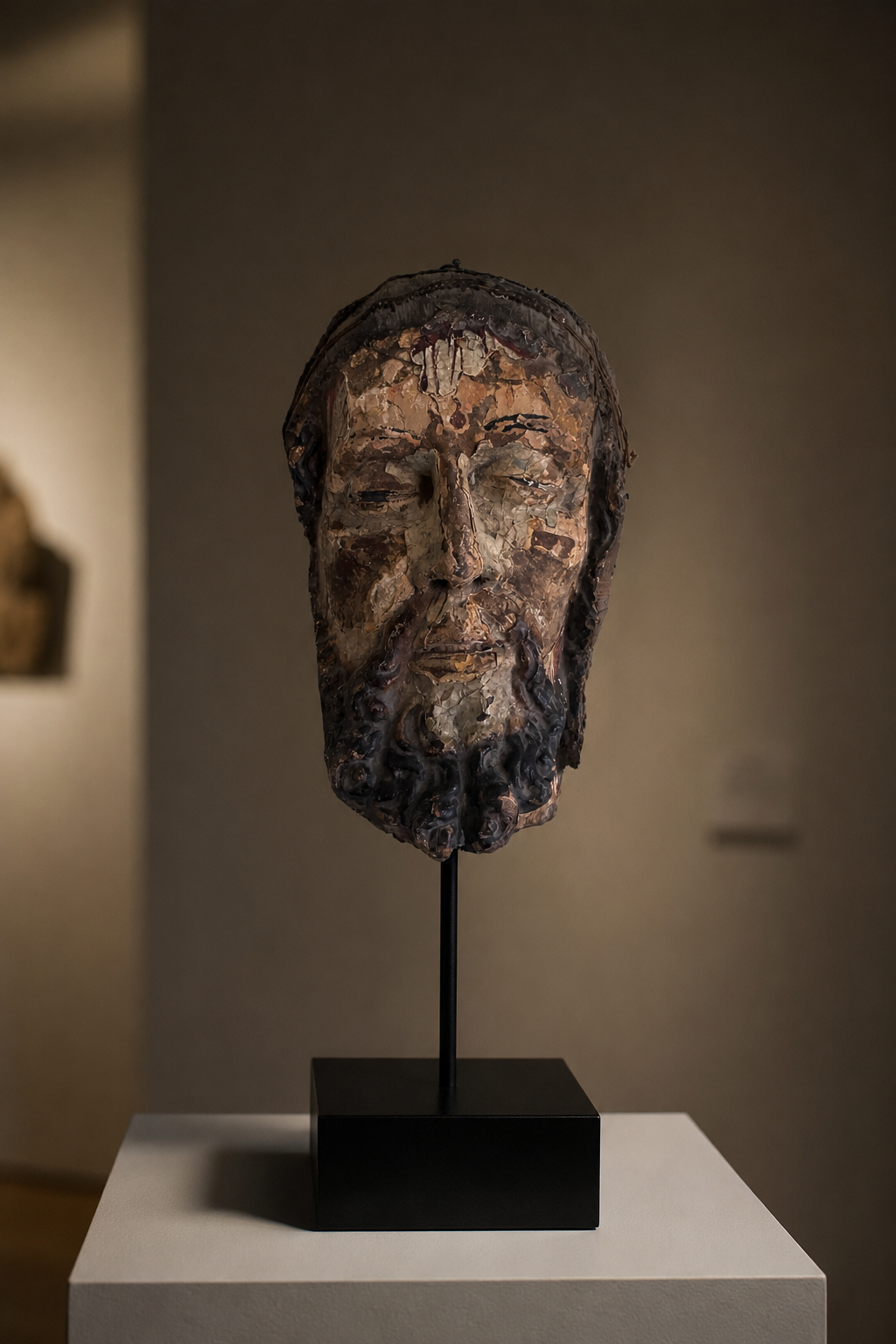 Polychromed head of Christ, detail