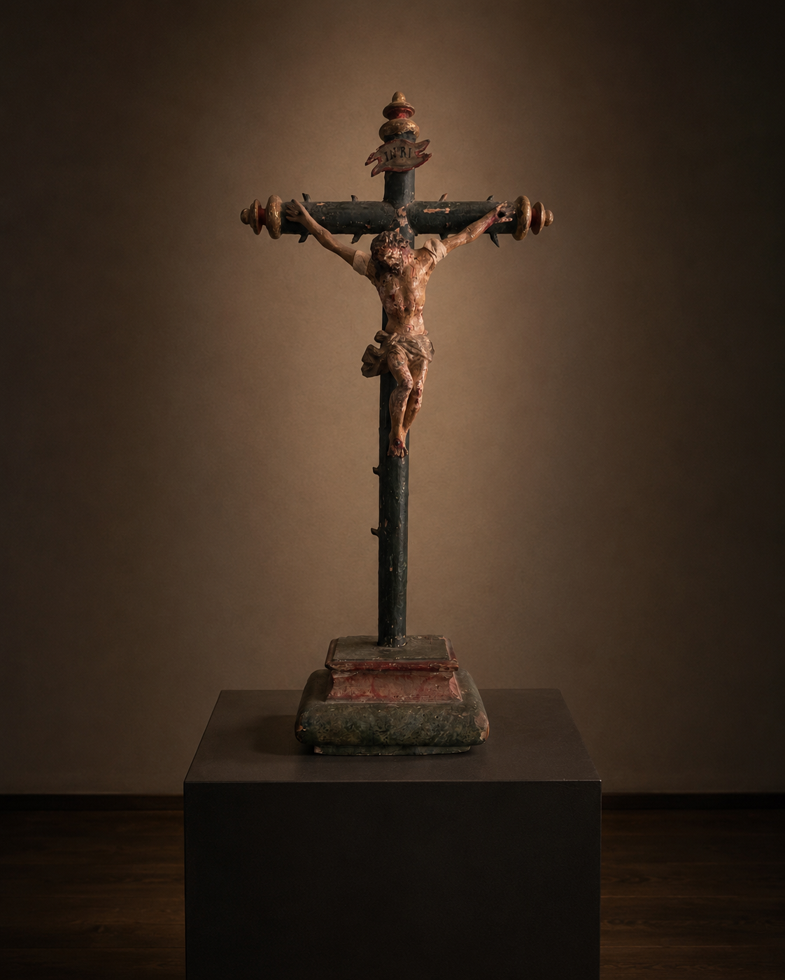 Polychromed wooden crucifix on plinth
