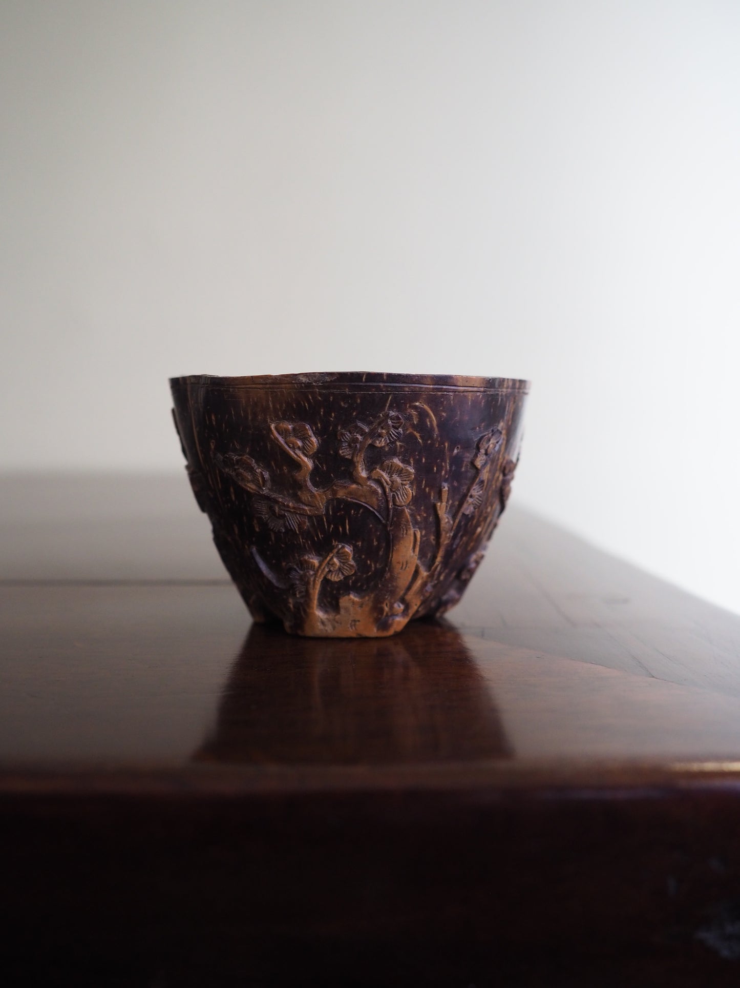 Rare Chinese Kangxi Coconut Cup – “Three Friends of Winter” Décor
