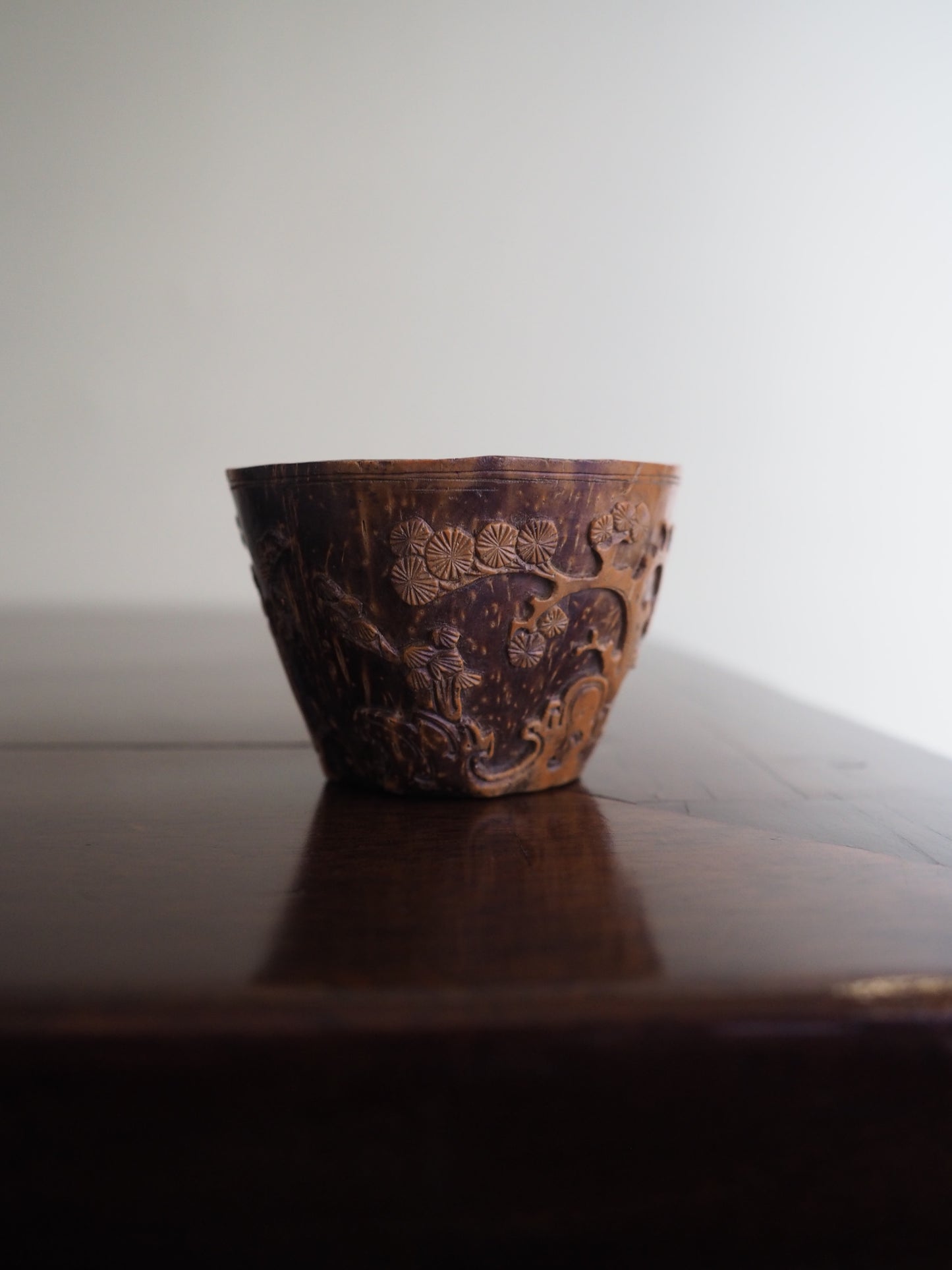 Rare Chinese Kangxi Coconut Cup – “Three Friends of Winter” Décor