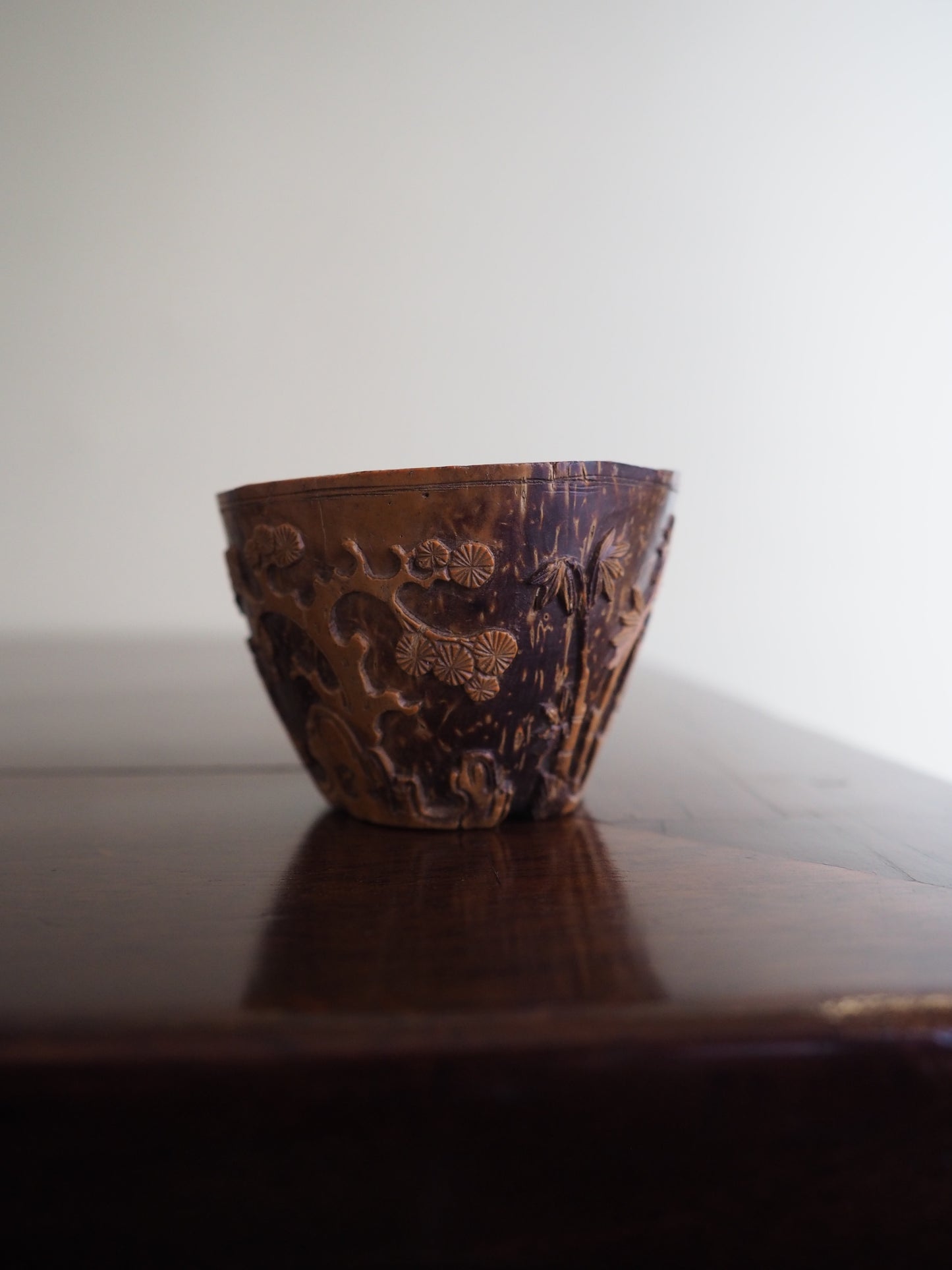 Rare Chinese Kangxi Coconut Cup – “Three Friends of Winter” Décor
