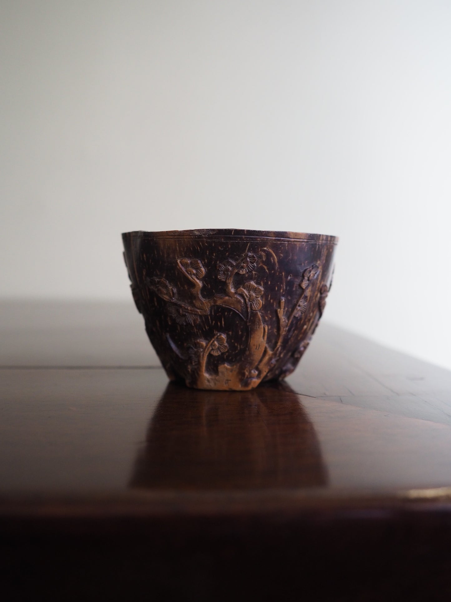 Rare Chinese Kangxi Coconut Cup – “Three Friends of Winter” Décor